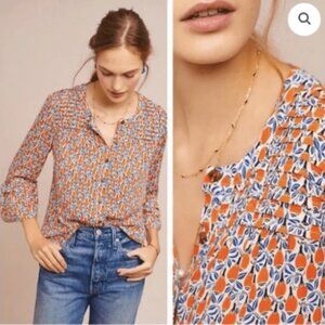 Maeve Anthropologie Berwick Bell Sleeve Top in orange and blue, made in India